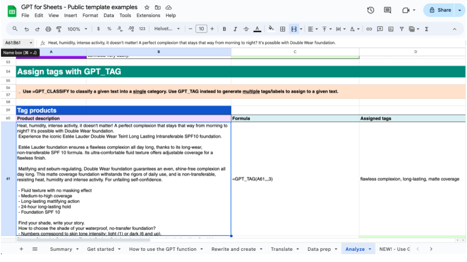 Tagek hozzárendelése megadott leíráshoz a Google Sheets-be beépülő GPT segítségével.