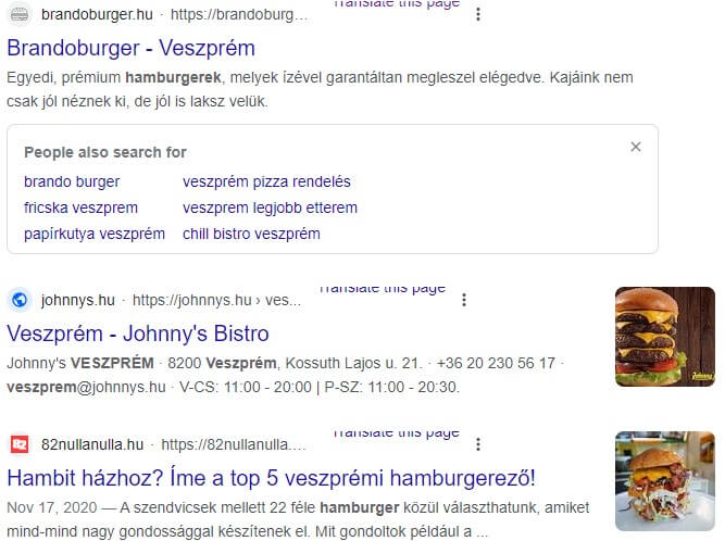 Google találati lista első három helyezettje a 'hamburger veszprém' kulcsszóra